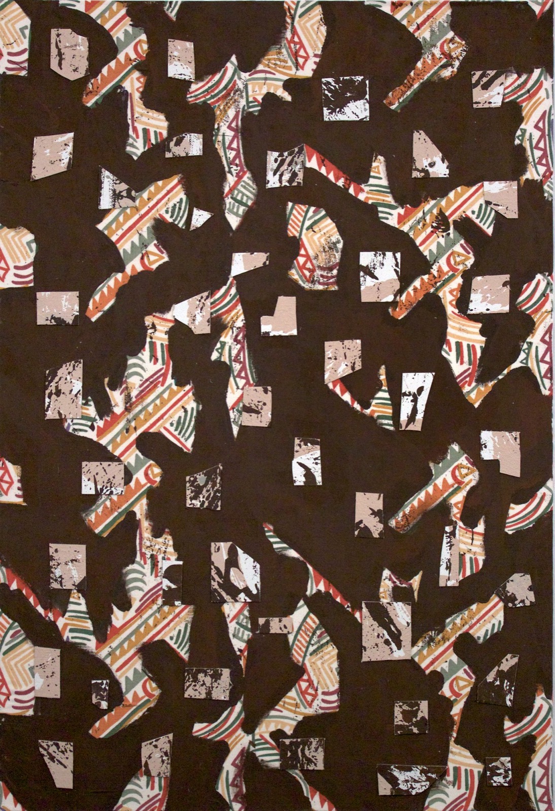Cut Abstract Painting on Abstract Painting Over Tribal Print